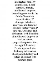 INTELLECTUAL PROPERTY CONSULTATION; LEGAL SERVICES, NAMELY, INTELLECTUAL PROPERTY CONSULTING SERVICES IN THE FIELD OF INVENTION, IDENTIFICATION, IP STRATEGY, VALUATION, ANALYTICS, AND BRIDGING BUSINESS STRATEGY WITH IP STRATEGY. GUIDANCE AND ADVISEMENT WITH LICENSING OF INTELLECTUAL PROPERTY AS WELL AS PATENT PREPARATION/PROSECUTION THROUGH 3RD PARTIES; PROVIDING A WEB SITE FEATURING INFORMATION ABOUT PATENT STRATEGY AND PATENT ALIGNMENT WITH BUSINESS GOALS.