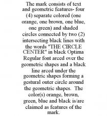 THE MARK CONSISTS OF TEXT AND GEOMETRIC FEATURES- FOUR (4) SEPARATE COLORED (ONE ORANGE, ONE BROWN, ONE BLUE, ONE GREEN) AND SHADED CIRCLES CONNECTED BY TWO (2) INTERSECTING BLACK LINES WITH THE WORDS 