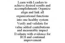 LEARN WITH LEADERS TO ACHIEVE DESIRED RESULTS AND ACCOMPLISHMENTS ORGANIZE ALIGN AND LINK ALL ORGANIZATIONAL FUNCTIONS INTO ONE HEALTHY SYSTEM VERIFY AND VALIDATE FOR VALUE ADDED CONTRIBUTIONS AND MEASURABLE IMPACT EVALUATE WITH EVIDENCE FOR ROI AND CONTINUAL IMPROVEMENT