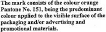 The mark consists of the colour orange Pantone No. 151, being the predominant colour applied to the visible surface of the packaging and/or advertising and promotional