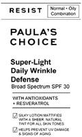 RESIST Normal · Oily Combination PAULA'S CHOICE Super-Light Daily Wrinkle Defense Broad Spectrum SPF 30 WITH ANTIOXIDANTS + RESVERATROL SILKY LOTION MATTIFIES WITH A SHEER, NATURAL TINT FOR ALL SKIN TONES HELPS PREVENT UV DAMAGE & SIGNS OF AGING