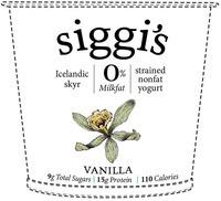 siggi's Icelandic skyr 0% Milkfat strained nonfat yogurt VANILLA 9g Total Sugars 15g Protein 110 Calories