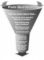 Pain Questions Tell me more about that... Can you be more specific? Give me an example. How long has that been a problem? What have you tried to do about that? And dit that