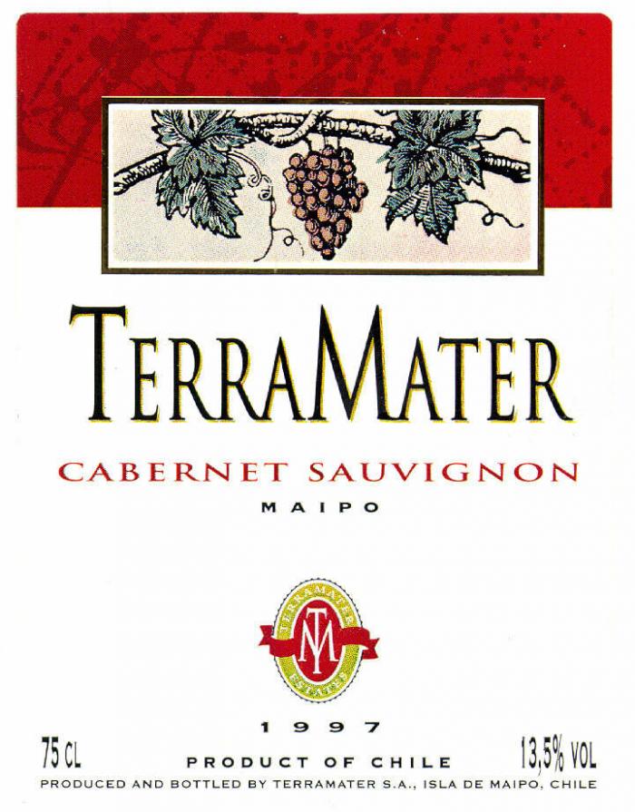 TERRAMATER CABERNET SAUVIGNON MAIPO TM TERRAMATER ESTATES 1997 75CL PRODUCT OF CHILE 13,5% PRODUCED AND BOTTLED BY TERRAMATER S.A., ISLA DE MAIPO. CHILE