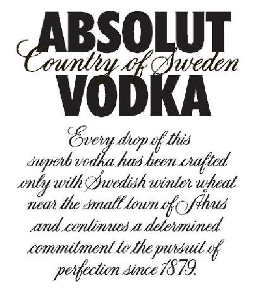 ABSOLUT COUNTRY OF SWEDEN VODKA Every drop of this superb vodka has been crafted only with Swedish winter wheat near the small town of Åhus and continues a determined commitment to the pursuit of perfection since 1879