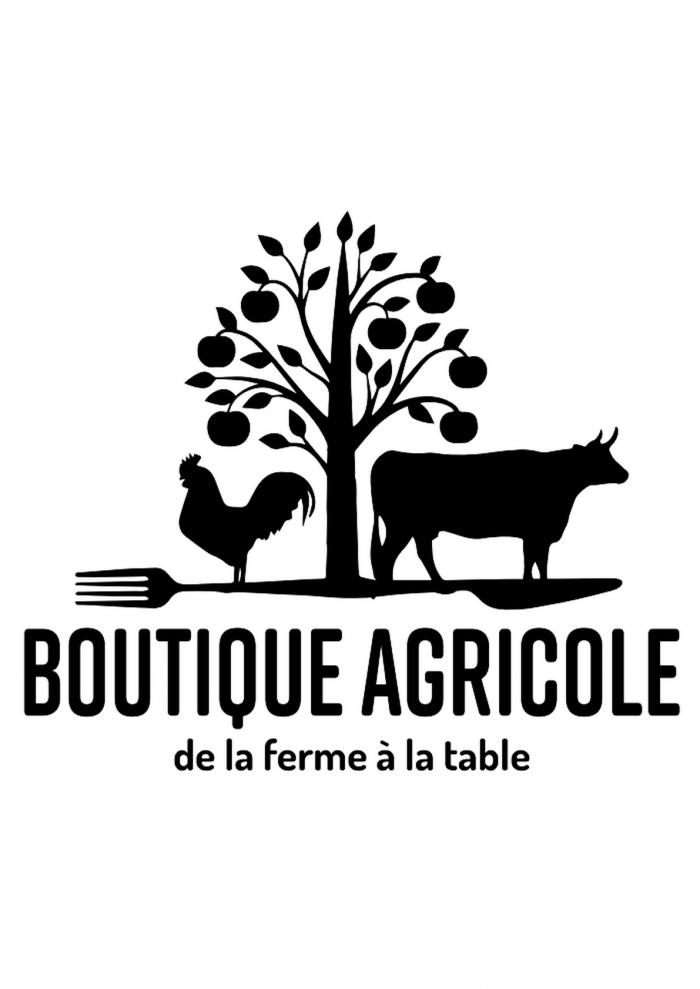 marchio consiste nella scritta BOUTIQUE AGRICOLE con al di sotto la scritta de la ferme à la table depositate marchio consiste nella scritta BOUTIQUE AGRICOLE con al di sotto la scritta de la ferme à la table depositate in particolare grafia. Al di sopra della scritta compaiono una forchetta e un coltello uniti su una stessa linea, al di sopra di questi compaiono al centro un albero di mele, a sinistra un gallo e a destra una mucca. La scritta BOUTIQUE AGRICOLE - de la ferme à la table è in lingua francese che tradotta in italiano vuol dire NEGOZIO AGRICOLO - dalla fattoria alla tavola Il marchio consiste nella scritta BOUTIQUE AGRICOLE con al di sotto la scritta de la ferme à la table depositate