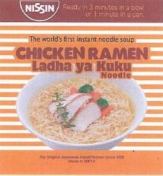 NISSIN READY IN 3 MINUTES IN A BOWL OR 1 MINUTE IN A PAN THE WORLD'S FIRST INSTANT NOODLE SOUP CHECKEN RAMEN LADHA YA KUKU NOOLE