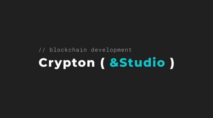 Представлено словосочетание «Crypton ( &Studio )», где "Crypton" от слова Криптовалюта, а "Studio" - перевод слова Студия. Также, представлено словосочетание «// blockchain development», что переводится как "разработка блокчейна". Оба словосочетания выполнены прописными буквами латинского алфавита.
