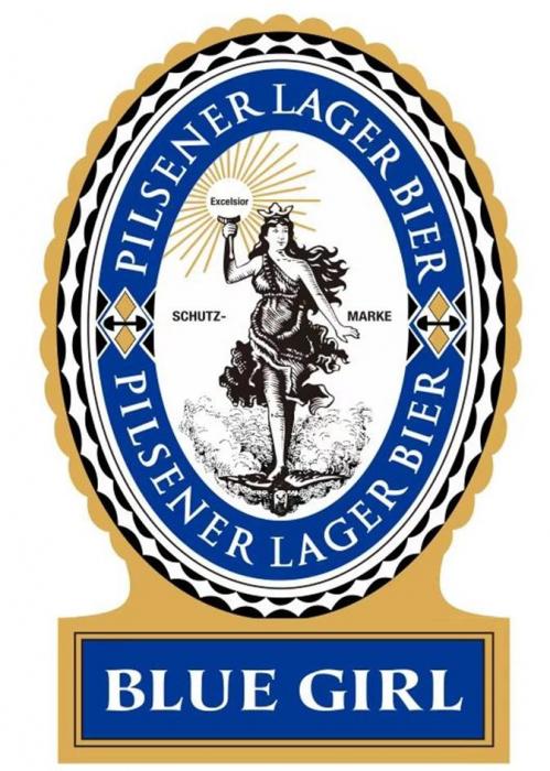 BLUE GIRL, PILSENER LAGER BIER, Excelsior, SCHUTZ - MARKE