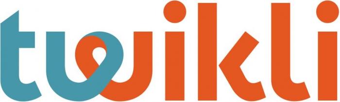 Комбинированное обозначение выполнено в виде сочетания наименования компания «twikli» и изобразительного элемента в виде стилизованных букв наименования компании в голубом для букв «t w» и оранжевом для букв «i k l i» цветах