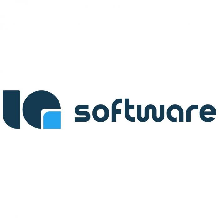 Словесное обозначение "software" (в русской транслитерации "софтваре"), написанным латинскими строчными буквами стилизованного шрифта синего цвета, вместе с изобразительным элементом отражает англоязычную версию наименования компании "IQ software".