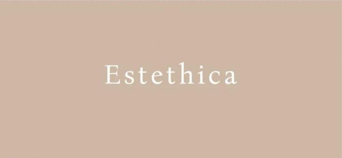 Словесный элемент представлен "Estethica" (Эстетхика), выполнен оригинальным шрифтом с использованием заглавной первой буквы и строчных букв белого цвета на серовато-оранжевом фоне, на латинице.