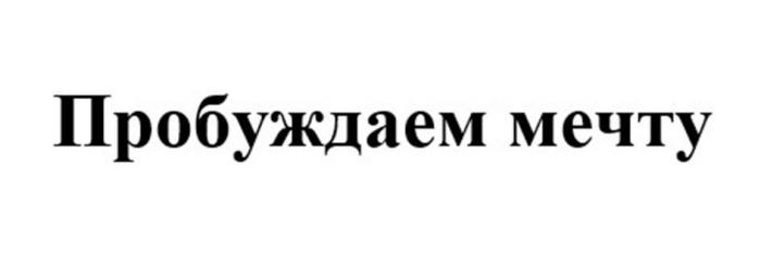 Словесная часть – «Пробуждаем мечту» выполнена в кириллице и является вымышленным словосочетанием. Словесное обозначение выполнено стандартным шрифтом черного цвета на белом фоне.