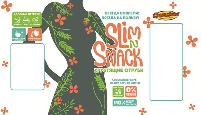 CRUNCHINI SLIM N SNACK СНЕКИ И ЗАВТРАКИ ВСЕГДА ВОВРЕМЯ НА ПОЛЬЗУ ХРУСТЯЩИЕ ОТРУБИ УДОБНЫЙ ПЕРЕКУС НА ВСЕ СЛУЧАИ ЖИЗНИ НА РАБОТЕ ДОМА НА ПРОГУЛКЕ 100% ХРУСТА ПОЛЬЗЫ 110% ДНЕВНОЙ НОРМЫ КЛЕТЧАТКИ