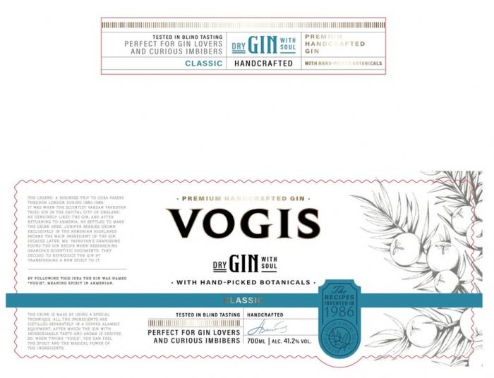 VOGIS DRY GIN WITH SOUL CLASSIC WITH HAND PICKED BOTANICALS PREMIUM HANDCRAFTED GIN PERFECT FOR GIN LOVERS AND CURIOUS IMBIBERS THE RECIPES INVENTED IN 1986 BY FOLLOWING THIS IDEA THE GIN WAS NAMED VOGIS MEANING SPIRIT IN ARMENIAN