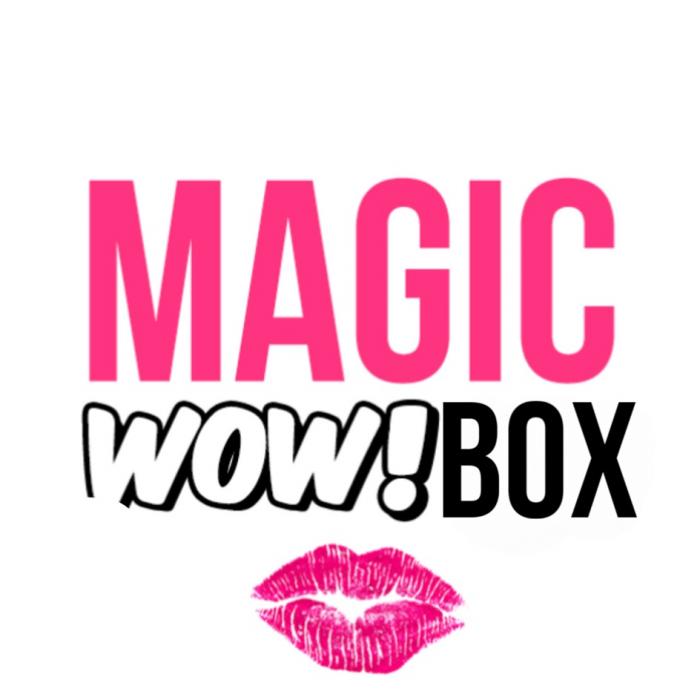 Словесное обозначение в графическом написании – MAGIC WOW!BOX, MAGIC расположено вверху и изображено в розовом цвете, WOW!BOX является фантазийным словом, расположено под MAGIC и изображено в объемном белом и черном цвет