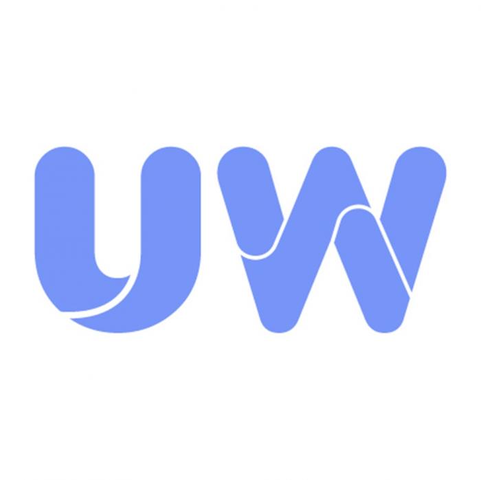 Заявлено словесное обозначение "UW". Обозначение состоит из двух прописных букв, написано на английском языке в светлых оттенках сине-голубого цвета. На буквах расположены белые полосы, которые придают обозначению элементы индивидуальности и фантазийности.
