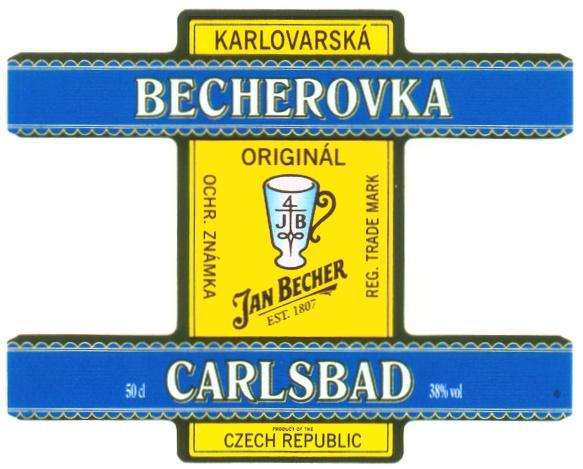 KARLOVARSKA BECHEROVKA CARLSBAD BECHER JB KARLOVARSKA BECHEROVKA CARLSBAD JAN BECHER ORIGINAL PRODUCT OF THE CZECH REPUBLIC OCHR. ZNAMKA REG. TRADE MARK