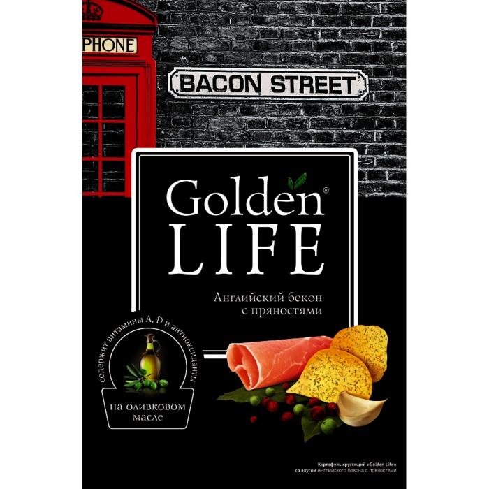 BACONSTREET BACON GOLDEN LIFE BACON STREET АНГЛИЙСКИЙ БЕКОН С ПРЯНОСТЯМИ КАРТОФЕЛЬ ХРУСТЯЩИЙ СО ВКУСОМ АНГЛИЙСКОГО БЕКОНА С ПРЯНОСТЯМИ