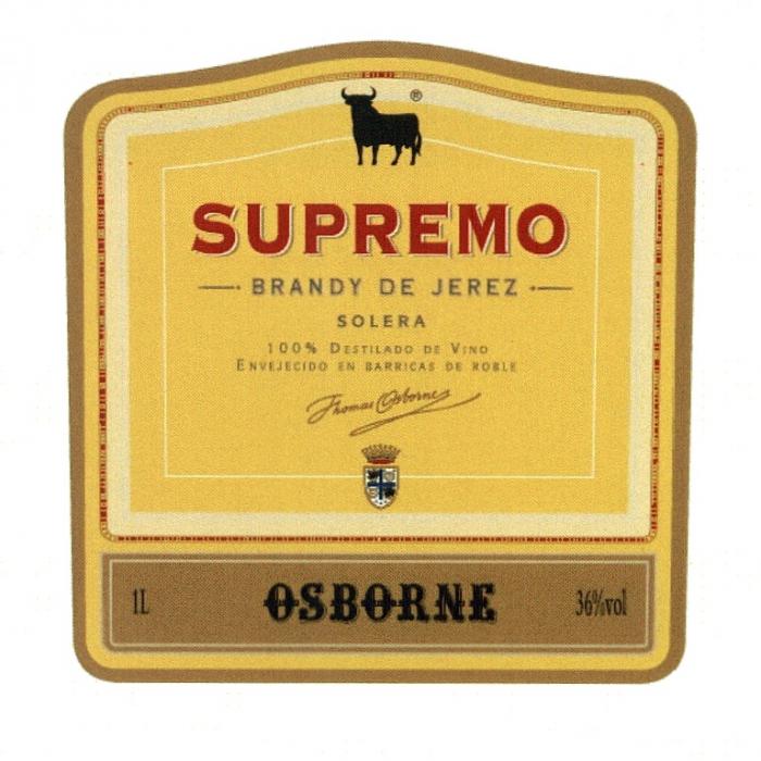 SUPREMO OSBORNE SUPREMO BRANDY DE JEREZ SOLERA THOMAS OSBORNE DESTILADO DE VINO ENVEJECIDO EN BARRICAS DE ROBLEROBLE