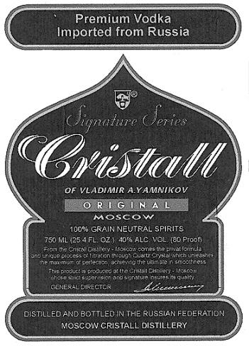 CRISTALL OF VLADIMIR A.YAMNIKOV YAMNIKOV В.ЯМНИКОВ ЯМНИКОВ PREMIUM ORIGINAL VODKA RUSSIA