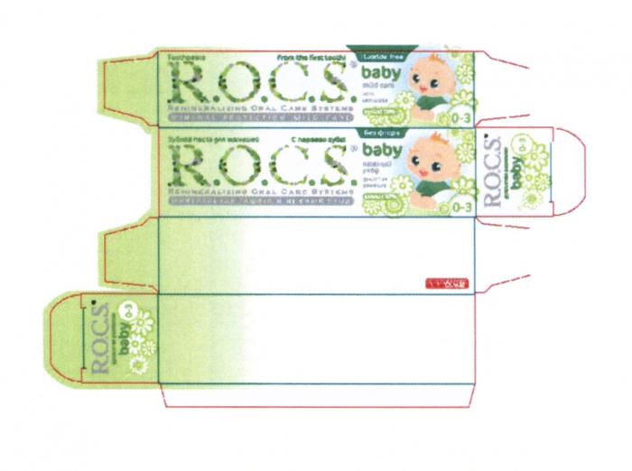 R.O.C.S. BABY WDS LABORATORIES FROM THE FIRST TOOTH С ПЕРВОГО ЗУБА MILD CARE WITH CAMOMILE ДУШИСТАЯ РОМАШКА ДЛЯ МАЛЫШЕЙ REMINERALIZING ORAL CARE SYSTEMS МИНЕРАЛЬНАЯ ЗАЩИТА И НЕЖНЫЙ УХОД MINERAL PROTECTION MILD CARE ROCS ROCS