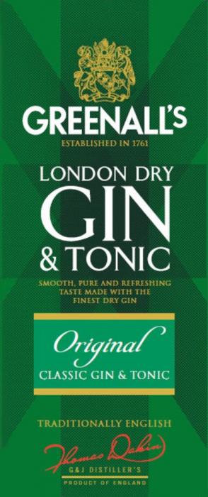 GREENALLS ESTABLISHED IN 1761 LONDON DRY ORIGINAL CLASSIC GIN & TONIC TOMAS DAKIN G&J DISTILLERS PRODUCT OF ENGLAND SMOOTH PURE AND REFRESHING TASTE MADE WITH THE FINEST DRY GIN TRADITIONALLY ENGLISHGREENALL'S DISTILLER'S ENGLISH