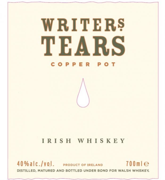 WRITERS TEARS COPPER POT IRISH WHISKEY I TRADED MY TOMORROWS TO REMAIN IN YESTERDAY WHISKEY TEARS ARE FALLING NOW EACH ONE CRIES ANOTHER DAY PRODUCT OF IRELAND DISTILLED MATURED AND BOTTLED UNDER BOND FOR WALSH WHISKEY