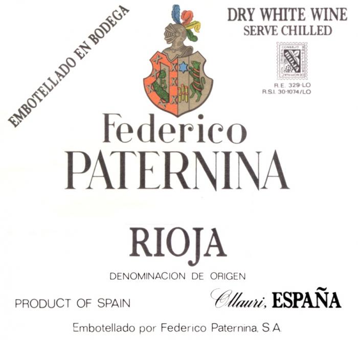 FEDERICO PATERNINA RIOJA DENOMINACION DE ORIGEN SPAIN DRU WHITE WINE