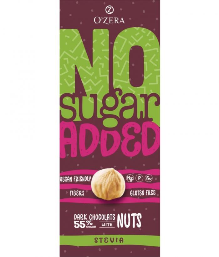 OZ OZERA NO SUGAR ADDED STEVIA VEGAN FRIENDLY FIBERS GLUTEN FREE DARK CHOCOLATE 55% COCOA WITH NUTSO'Z O'ZERA NUTS