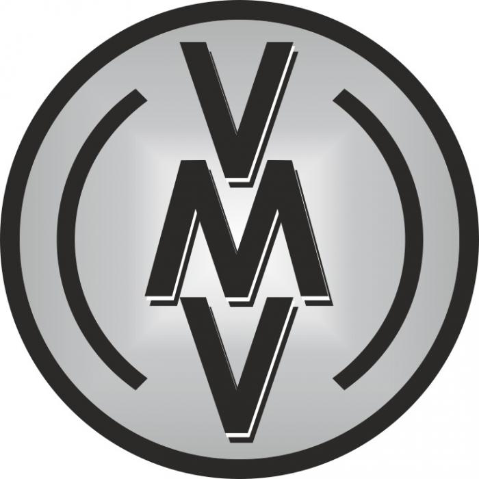 Заявлено комбинированное обозначение, в котором стилизованное изображение букв VMV, написанные оригинальным шрифтом буквами латиницы, образуют вертикаль графических символов, заключенных внутри круга на сером фоне