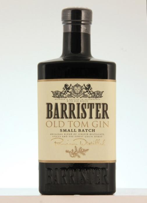 BARRISTER OLD TOM GIN SMALL BATCH PREMIUM DISTILLED ORIGINAL BLEND OF JUNIPER DISTILLATE SPICES AND THE FINEST GRAIN SPIRIT BLENDED & BOTTLED IN ACCORDANCE WITH OLD RECIPERECIPE