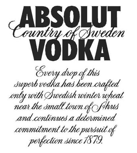 ABSOLUT Country of Sweden VODKA Every drop of this superb vodka has been crafted only with Swedish winter wheat near the small town of Åhus and continues a determined commitment to the pursuit of perfection since 1879.