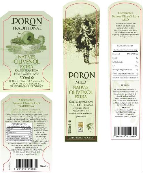 Poron Olive oil Κείμενο με περιγραφή και στοιχεία του προϊόντος στη Γερμανική γλώσσα