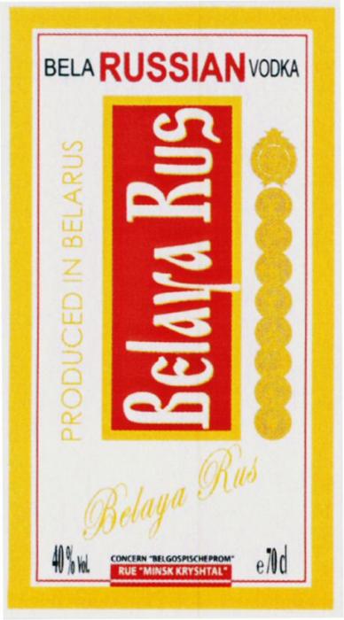 BELARUSSIAN VODKA Belaya Rus PRODUCED IN BELARUS CONCERN "BELGOSPISCHEPROM" RUE "MINSK KRYSHTAL"