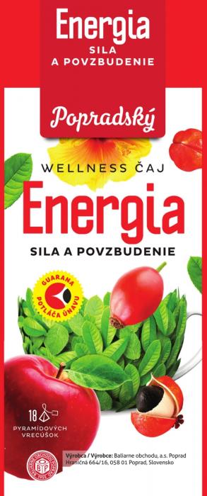 Popradský WELLNESS ČAJ Energia SILA A POVZBUDENIE GUARANA POTLÁČA ÚNAVU 18 PYRAMÍDOVÝCH VRECÚŠOK Výrobca/Výrobce: Baliarne obchodu, a.s. Poprad, Hraničná 664/16, 058 01 Poprad, Slovensko