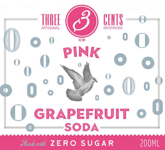 3 THREE CENTS ARTISANAL BEVERAGES PINK GRAPEFRUIT SODA MADE WITH ZERO SUGAR EST.2014