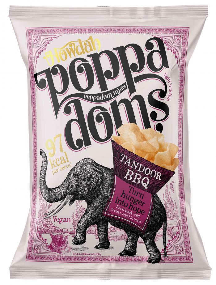 HOWDAH POPPADOMS POPPADOM MINIS LIGHT 'N' DELISH TANDOOR BBQ TURN HUNGER INTO HOPE EACH PACK SOLD FEEDS A CHILD IN NEED VEGAN 97 KCAL PER SERVE 2042 KJ/486KCAL PER 100G