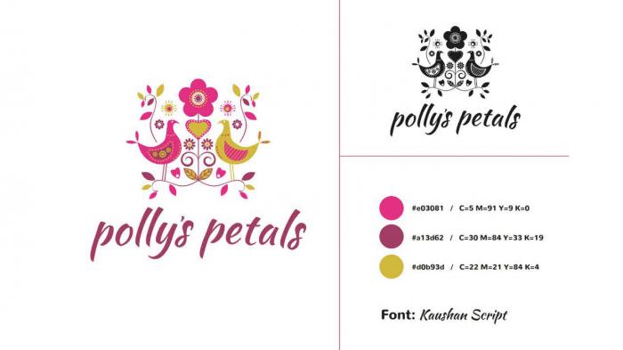 POLLY'S PETALS POLLY'S PETALS #E03081 / C=5 M=91 Y=9 K=0 #A13D62 / C=30 M=84 Y=33 K=19 #D0B93D / C=22 M=21 Y=84 K=4 FONT: KAUSHAN SCRIPT