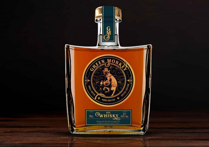 GM GREEN MONKEY SMALL BATCH SPECIAL EDITION HAND CRAFTED RYE OWHISKY 70 CL ALC 43% VOL USING ONLY THE FINEST MALTED RYE TO GIVE A SUPERIOR SPICY FINISH.