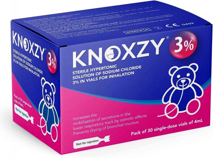 KNOXZY 3% HYPERTONIC SOLUTION OF SODIUM CHLORIDE 3% IN VIALS FOR INHALATION KNOXZY 3% STERILE HYPERTONIC SOLUTION OF SODIUM CHLORIDE 3% IN VIALS FOR INHALATION PACK OF 30 SINGLE-DOSE VIALS OF 4ML NOT FOR INJECTION INCREASES THE MOBILISATION OF SECRETIONS