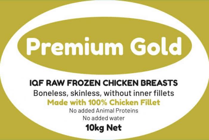 PREMIUM GOLD IQF RAW FROZEN CHICKEN BREASTS BONELESS, SKINLESS, WITHOUT INNER FILLETS MADE WITH 100% CHICKEN FILLET NO ADDED ANIMAL PROTEINS NO ADDED WATER 10KG NET