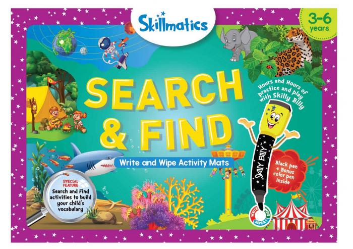 Skillmatics 3-6 years SEARCH & FIND Write And Wipe Activity Mats SPECIAL FEATURE Search And Find activities to build your child's vocabulary Hours and Hours of practice and play with Skilly Billy Skilly Billy Black pen + Bonus color pen special insid