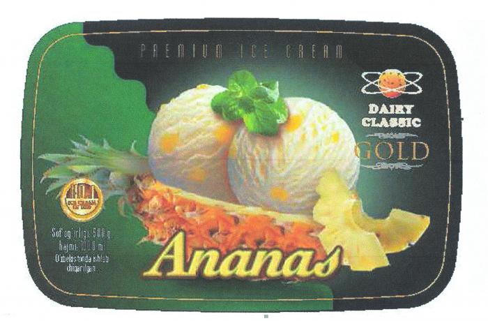 DAIRY CLASSIC GOLD Ananas PREMIUM ICE CREAM Sof og'irligi: 500 g.hajmi: 1000 ml O'zbekistonda ishlab chiqarilgan